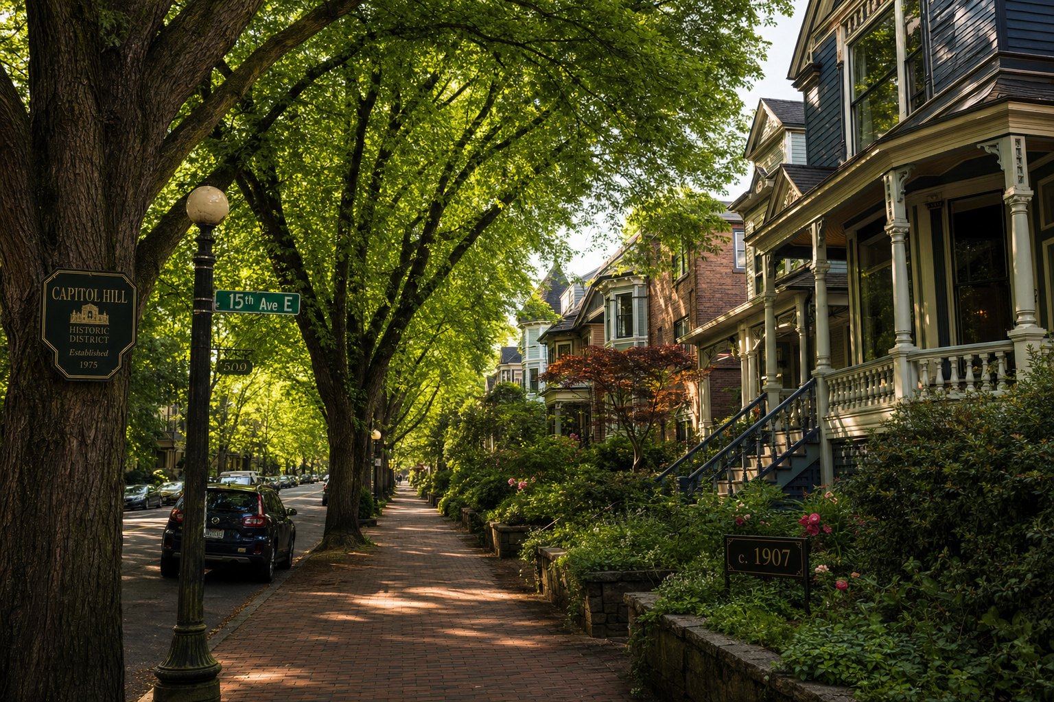 Historic streets like those in Capitol Hill and Columbia City retain century-old character.