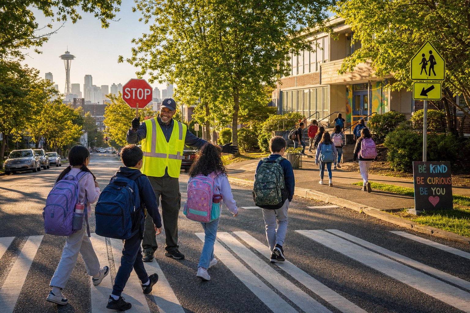 Sidewalks, crossing guards, and walkable streets define a school-friendly neighborhood.