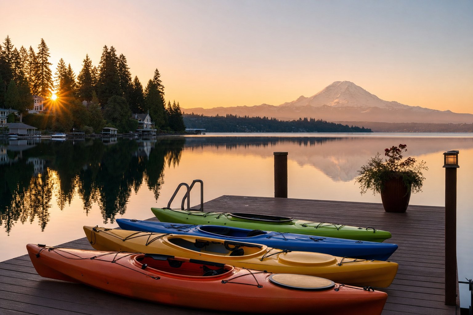 Private docks on Lake Washington with Olympic views.