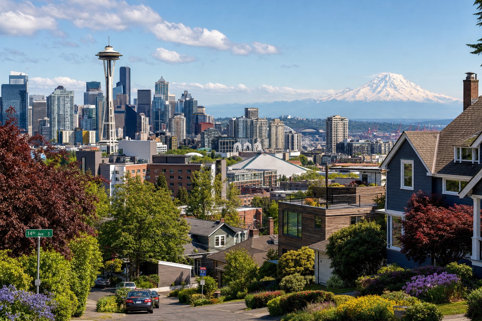 Downtown Seattle and Mt. Rainier visible from the hillside.
