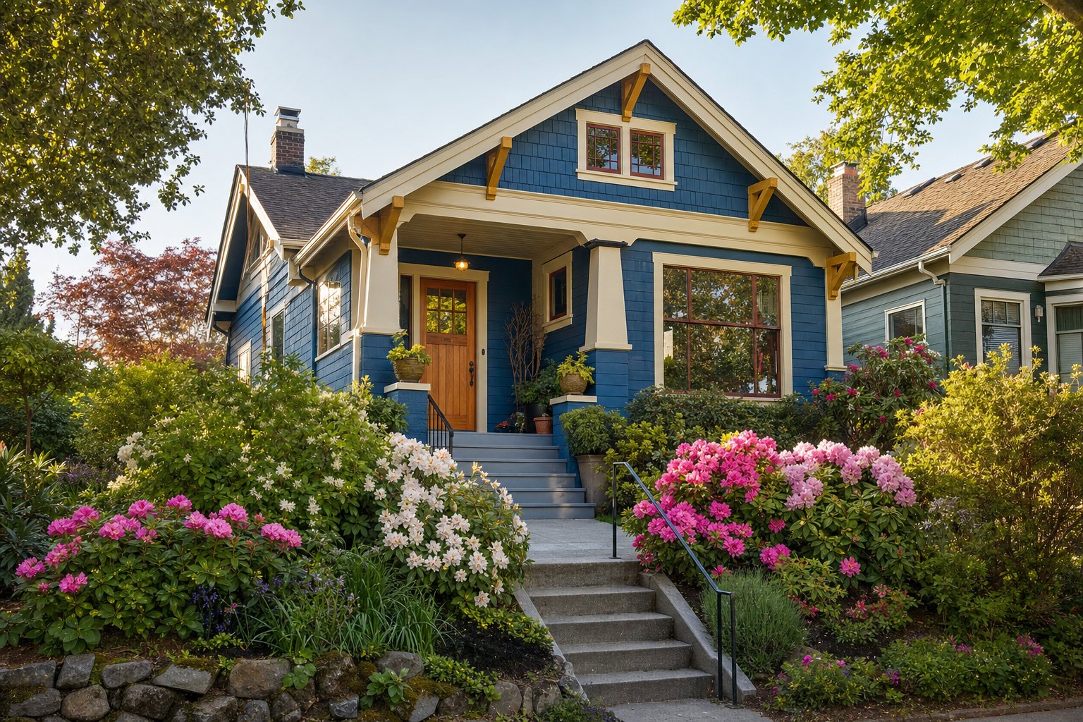 Colorful renovated craftsman bungalows on welcoming streets.