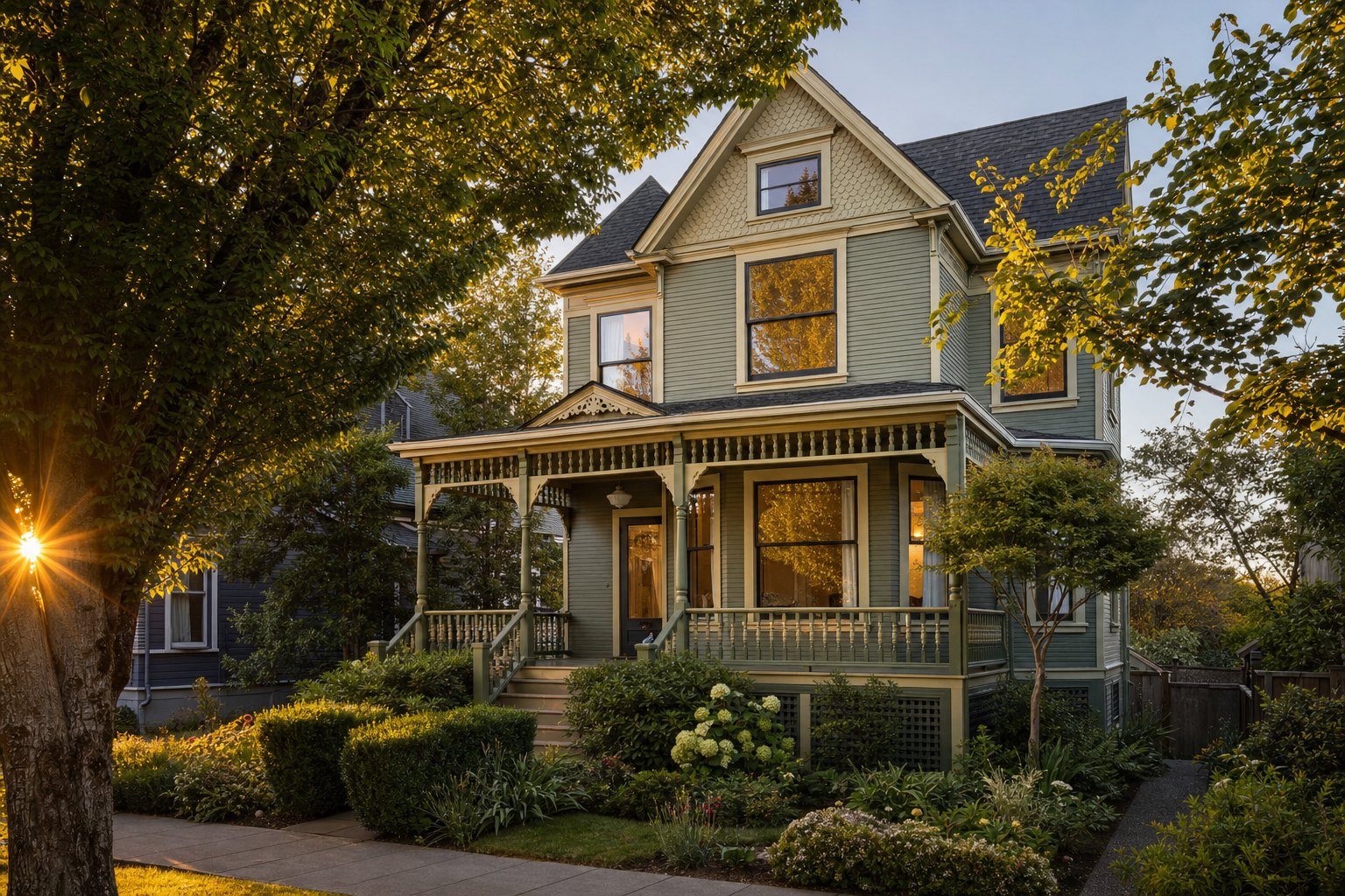 Restored Victorian-era homes on mature, tree-lined streets.