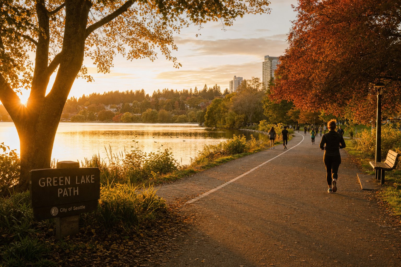 Joggers and strollers along the lake path at golden hour.
