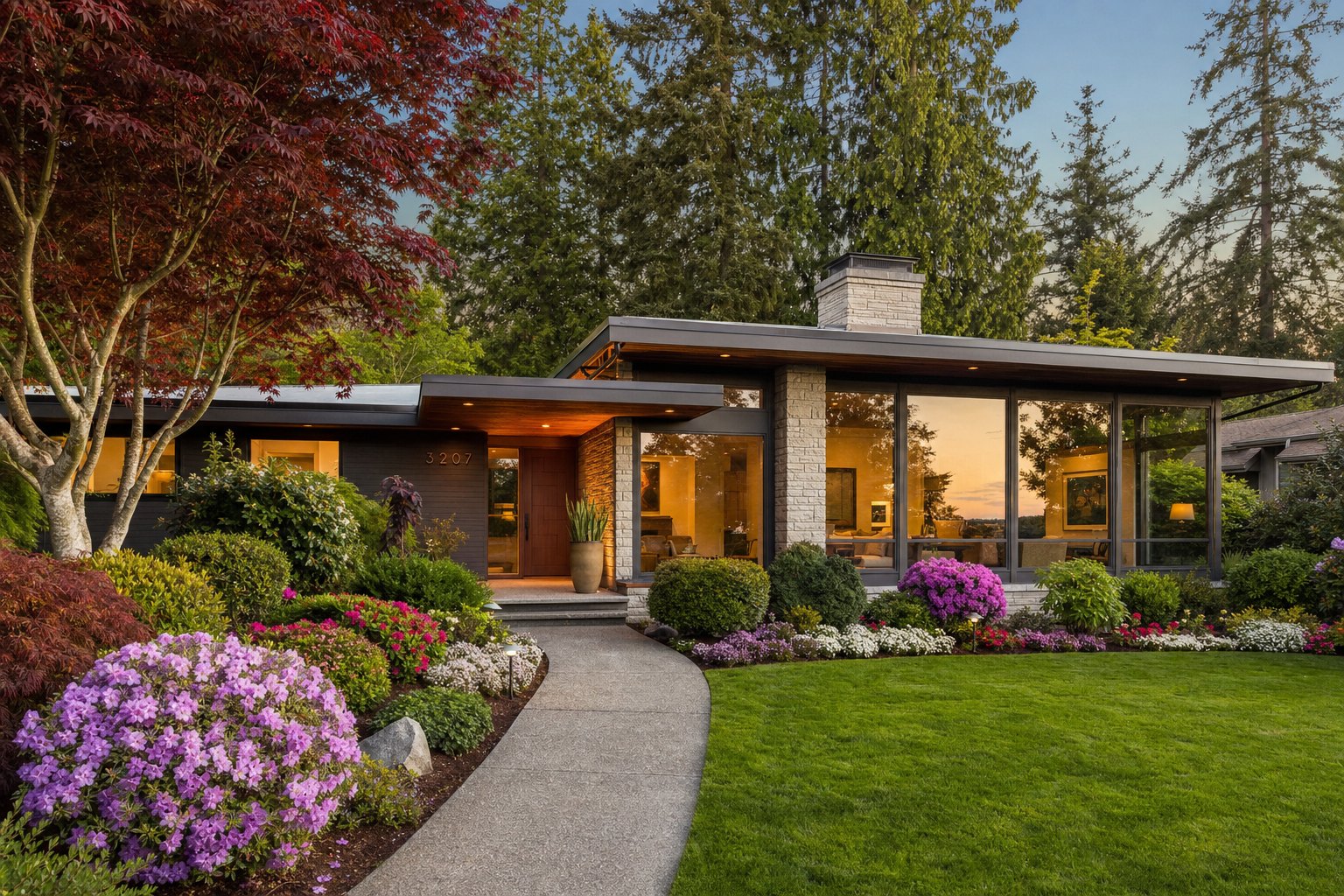 Elegant mid-century homes with manicured gardens.