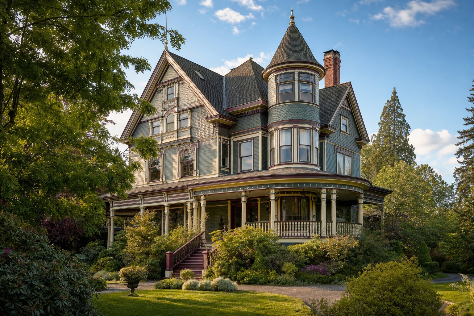 Stately homes on tree-lined streets at the top of the hill.