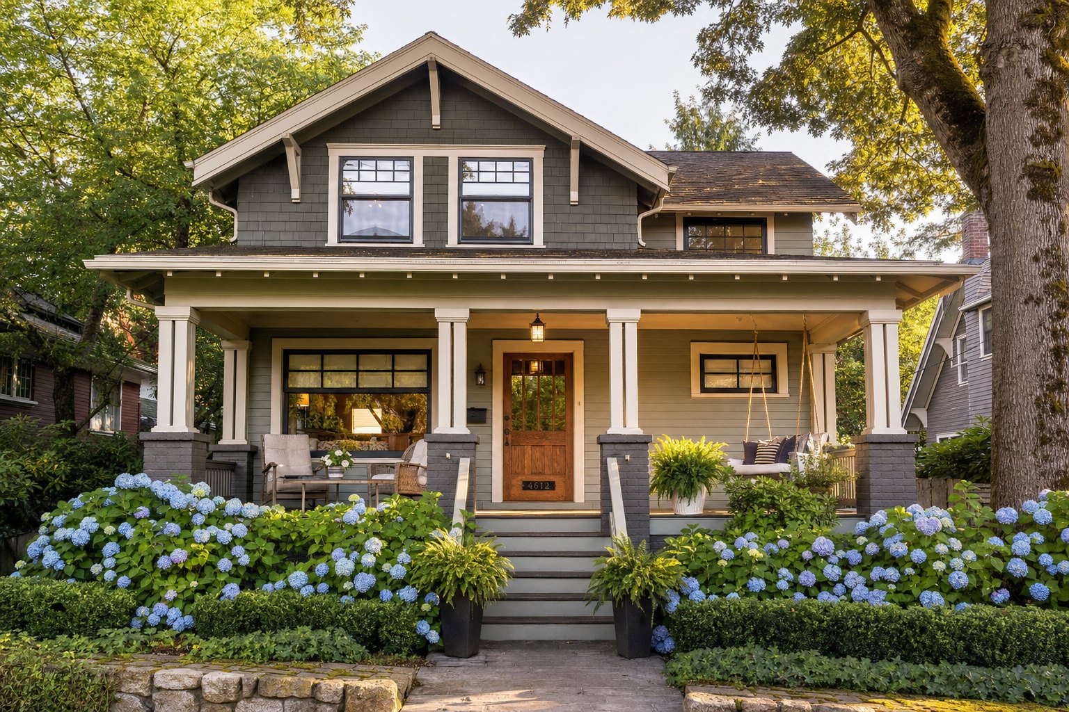 Grand restored 1920s craftsman homes line residential streets.
