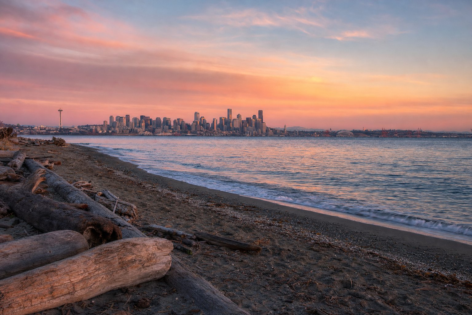 Alki Beach with downtown Seattle across the water.